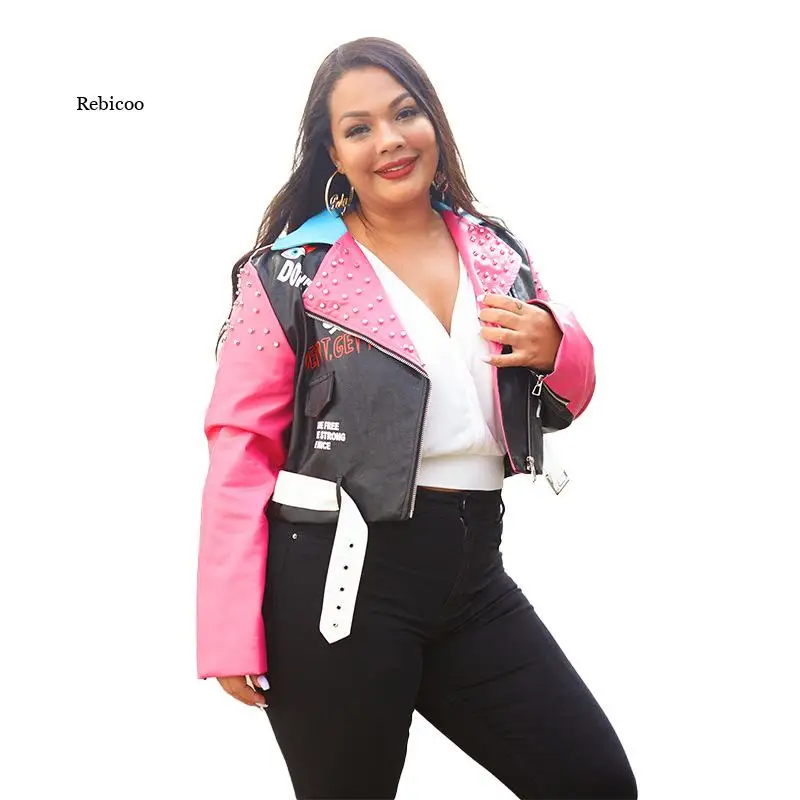 New Autumn Women Pu Leather Jacket Ladies' Zipper Belt Rivet Short Coat Female Color Patchwork Punk Bomber Faux Leather Outwear