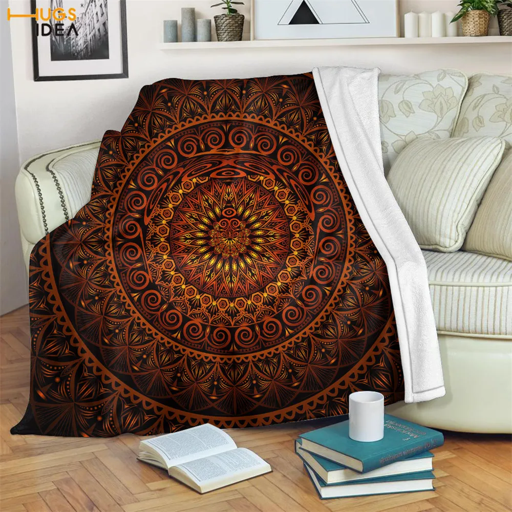 

HUGSIDEA Glowing Orange Mandala Print Coral Flannel Blankets Home Warm Thick Nap Sherpa Blanket Bedding Lining 5 Size Quilt Soft