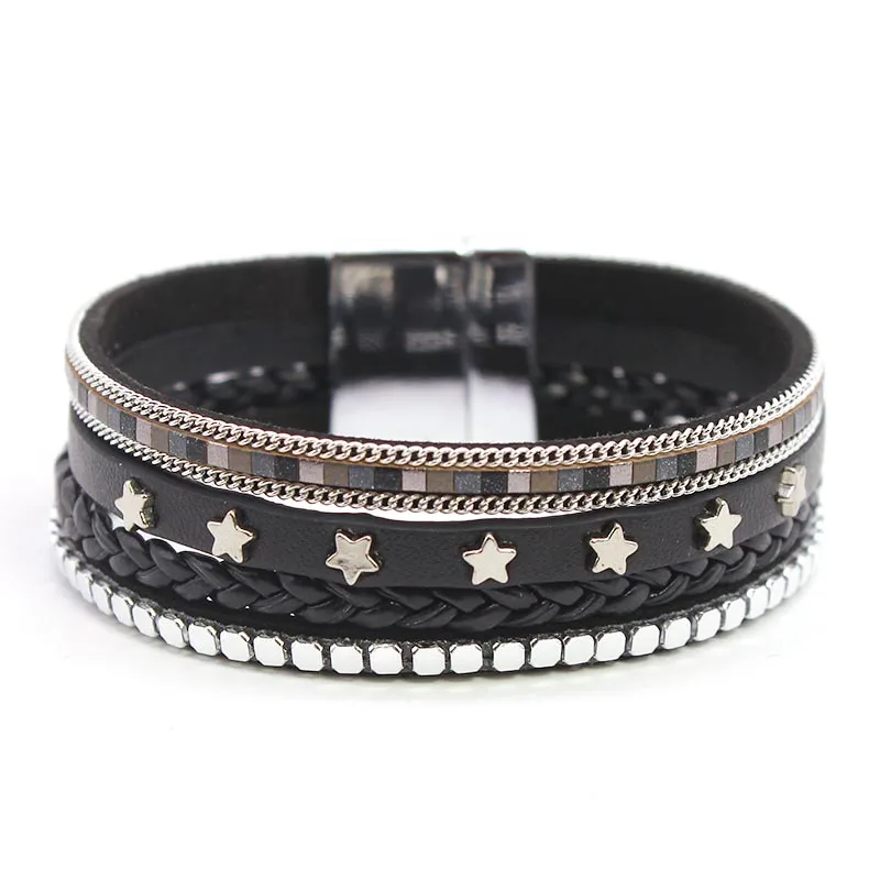 D & широкий Многослойный кожаный браслет со звездами для женщин браслеты и