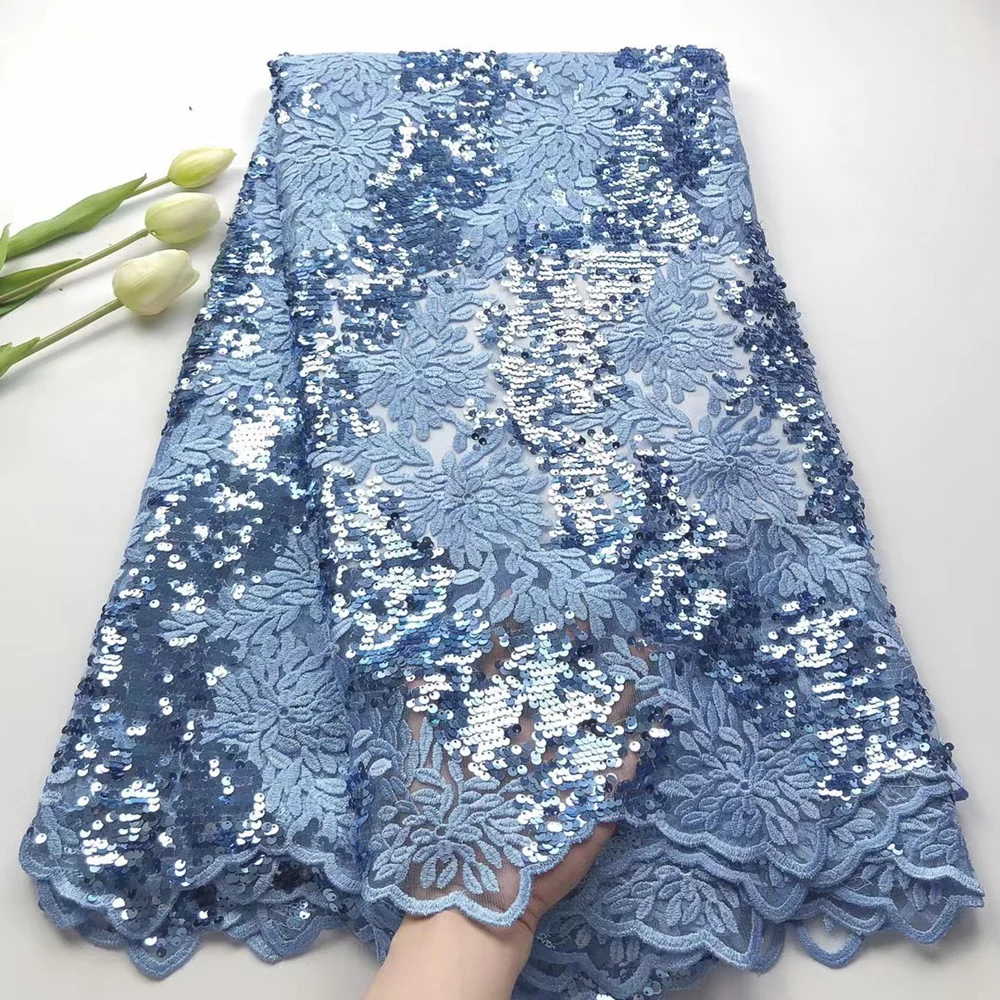 

Newest Navy Blue African Flocking Lace Mix French Mesh Korea Fabric With Sequins Glitters Lightweight for Celebrants Occasions