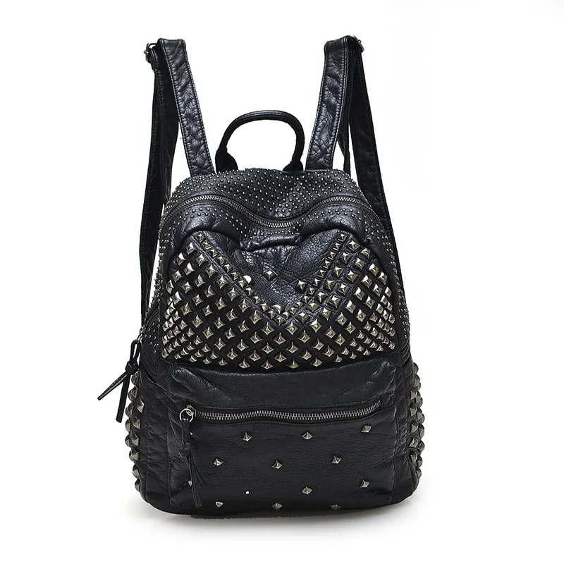 

2023 New Women Waterproof PU Leather Rivet Backpack Women's Backpacks for Teenage Girls Ladies Bags Black Bags with Zippers