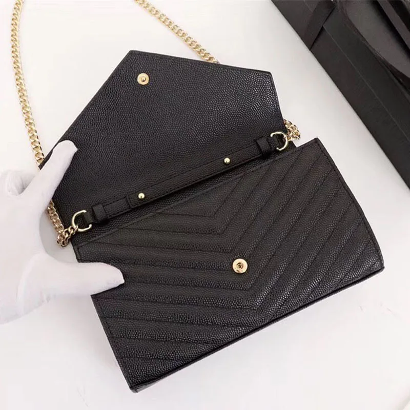 Luxury Handbags Clutch Bag For Women Classic Design Shoulder Bag Purses Top Quality Lady's Real leather Messenger Envelope Bags - Цвет: Black gold chain