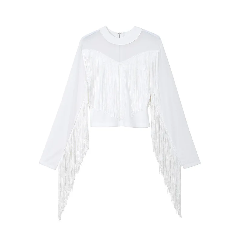 white GCC2199 XITAO Лоскутная футболка с кисточками на молнии, однотонная перспективная футболка для женщин, осенняя модная новинка, стильное просторное с воротником-стойкой GCC2199 - Цвет: white GCC2199