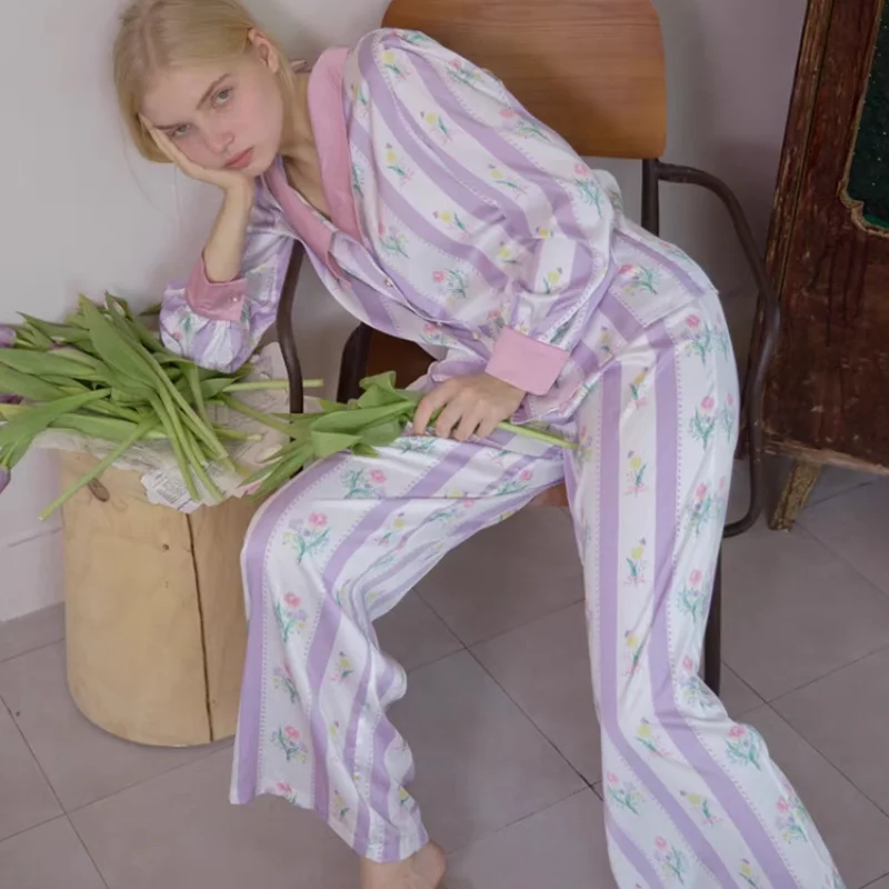 

QWEEK Floral Print Satin Women Pajamas Pijama Autumn Sleepwear Elegant Pyjamas Female Set Woman 2 Piece Loungewear Negligee Suit