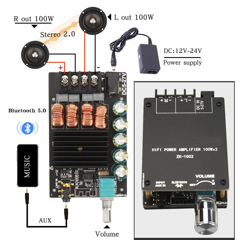 

HIFIDIY LIVE Bluetooth 5.0 AUX TPA3116 Digital Power Amplifier board 2x 50W 100W speaker Stereo Audio AMP Module Home music 502C