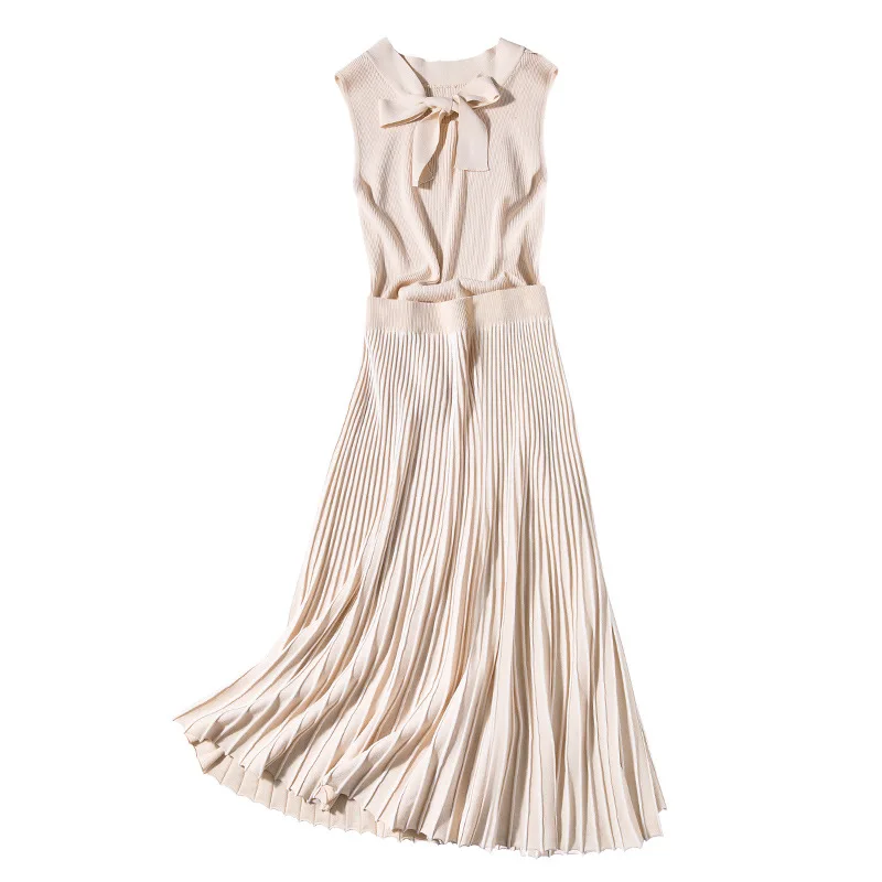 

Spring and summer ice silk suit female contrast color pleated skirts and knitted vest two pieces F9410