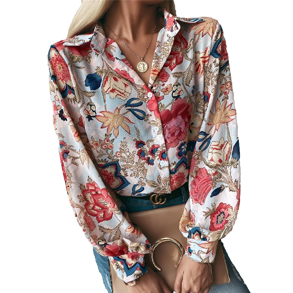 

Women Floral Print Long Sleeve Shirt Office Work Commute Tops Casual Loose Button Blouse Temperament T-Shirt Fashion Clothes