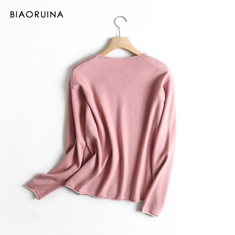 BIAORUINA 4 Color Women's Casual Basic All-match Thin Knit Sweater Female V-neck Sweet Pullover Long Sleeve Loose Sweaters | Женская