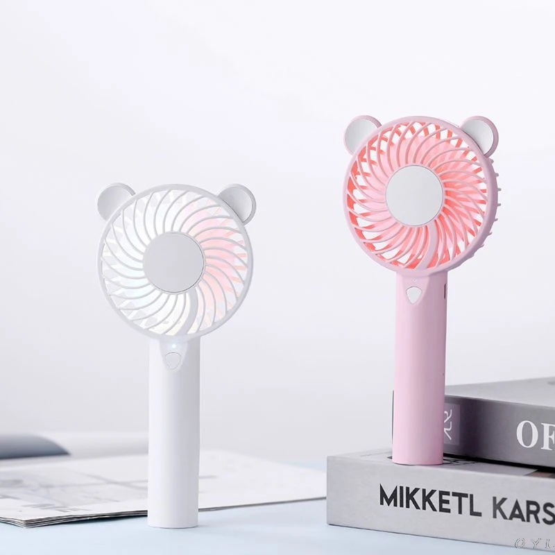 

Cute Bear Cartoon Handheld USB Rechargeable Fan With LED Light Cooler Portable 3 Speed Adjustable Desktop Cooling Fan