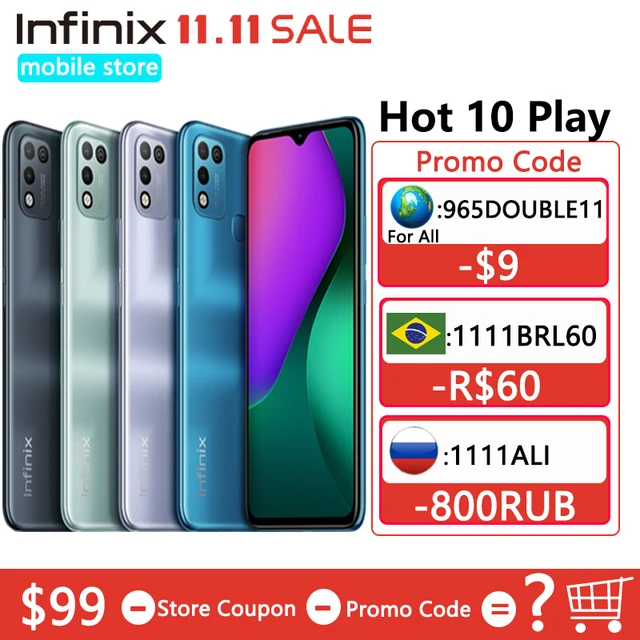 Global Version Infinix Hot 10 Play 6.82'' HD+ Display Smartphone 6000mAh Battery Helio G25 13MP AI Dual Rear Camera