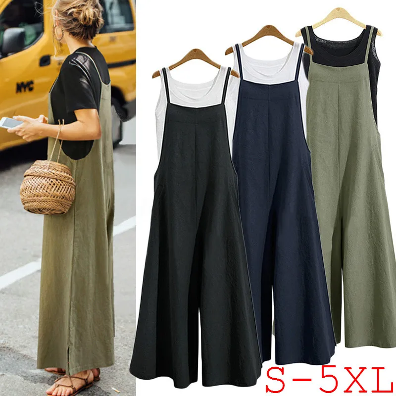 

Summer Women Casual Jumpsuit Long Loose Wide Leg Pants Rompers Solid Strappy Dungaree Bib Overalls Pocket Cotton Linen Jumpsuits