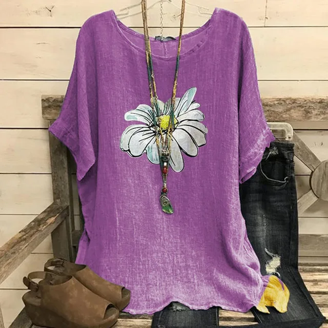 Блузка женская с круглым вырезом из хлопка и льна |