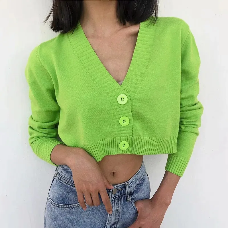 Женский Осенний укороченный Вязаный топ на пуговицах с v-образным вырезом