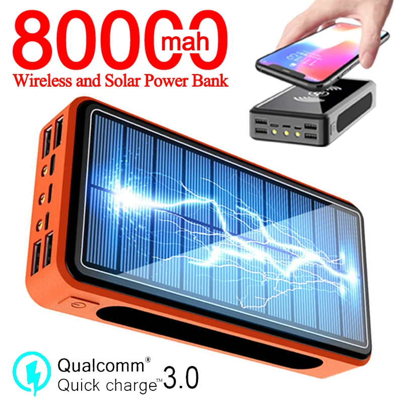 80000 мАч Солнечный батарейный блок Wireless Power Bank LED подсветкой портативный 4USB
