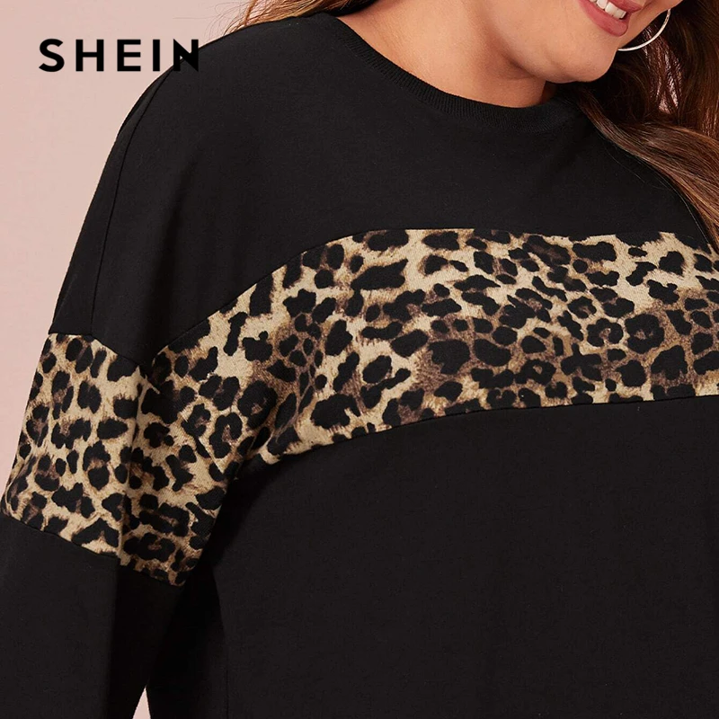 

SHEIN Plus Size Black Leopard Panel Sweatshirt and Joggers Set Women Autumn Casual Sporting Colorblock Two Piece Sets