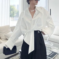 irregular cut waist strap white shirt female design niche spring top fashion clothes woman 2020 shirts for women button