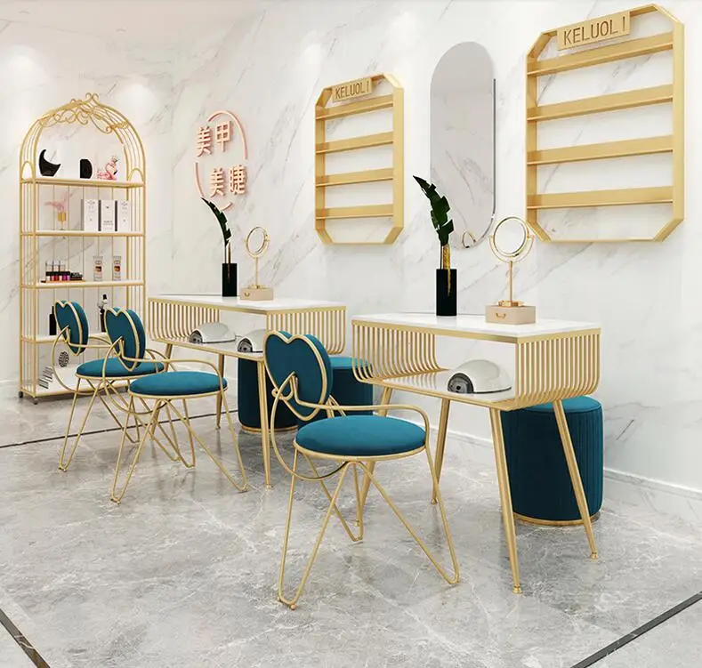 

Marble salon manicure table and chair set single double gold iron double simple manicure table