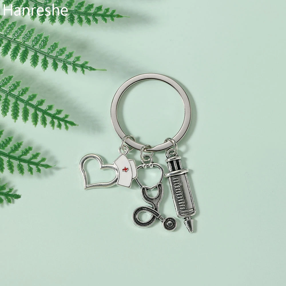 

New Silver Color Medical Keychain Heart Shaped Stethoscope Syringe Round Pendant Charm Jewelry Accessories Gift For Doctor Nurse