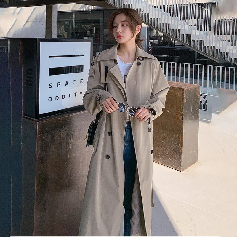 

Ветровка женская 2020, новинка, осенний и весенний Женское пальто в Корейском стиле размера плюс двубортные Женские длинные шикарные пальто-т...