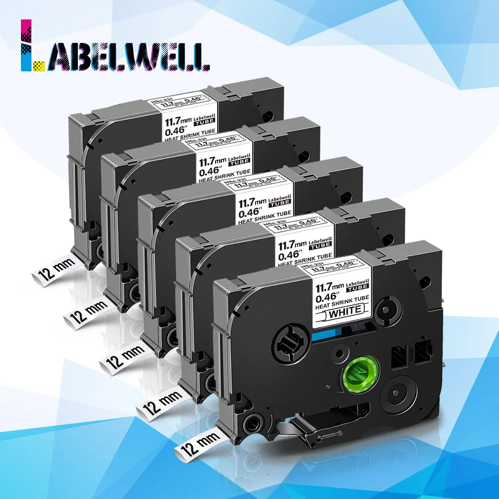 Labelwell 5PK Hse 231 тепла Shink трубка запечатанных лент 12 мм Hse231 черный на белом фоне для
