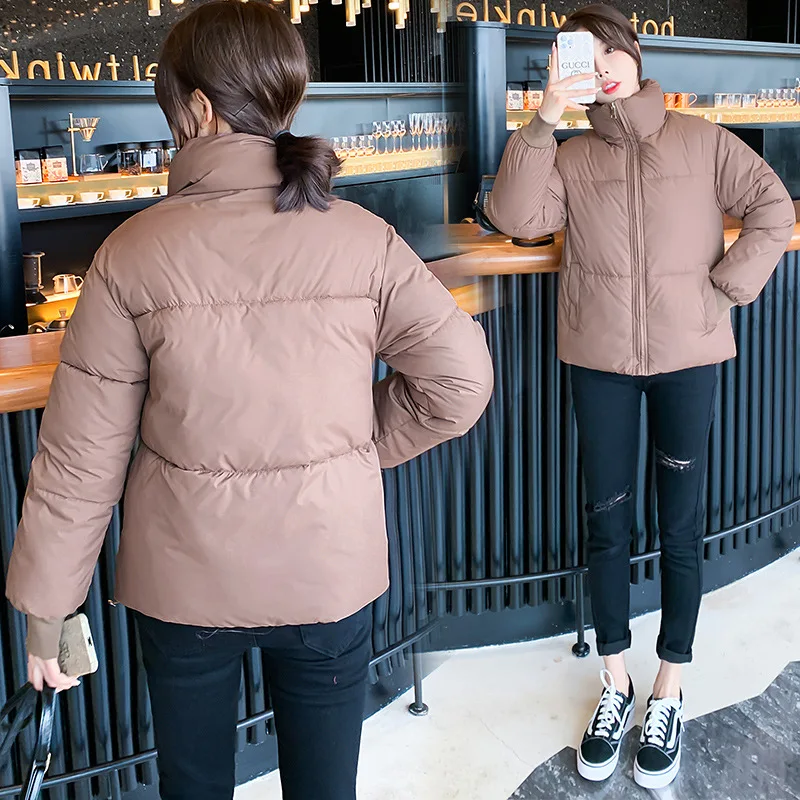 2021 Winter Jacket Women Parkas Solid Color Zipper Stand Collar Thicken Warm Coat Women Fashion Streetwear Loose Short Jacket
