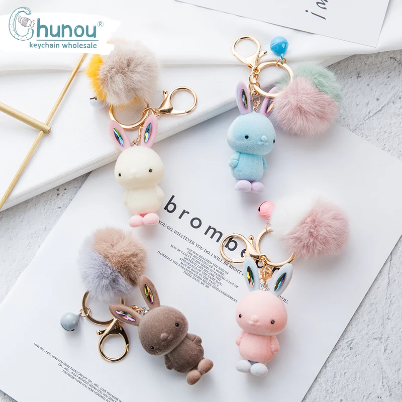 Роскошный брелок для ключей на удачу из кроличьего меха милый розовый синий