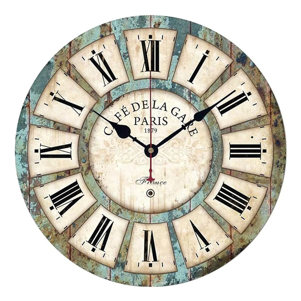 12 Inch Silent Round Wooden Wall Clock Vintage Rustic Style Battery Operated Home Wall Decor for Living Room Kitchen Bedroom Bar