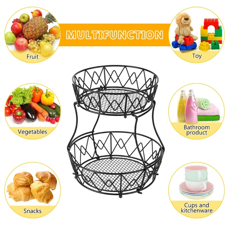 

Detachable Double-layer Round Bowl Shaped Fruit Vegetable Basket Woven Iron Wire Hollow Desktop Storage Stacking Stand