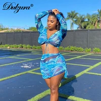 dulzura flare tie dye print women 2 piece set mesh long sleeve crop top lace up drawstring ruched mini skirt 2021 summer outfit