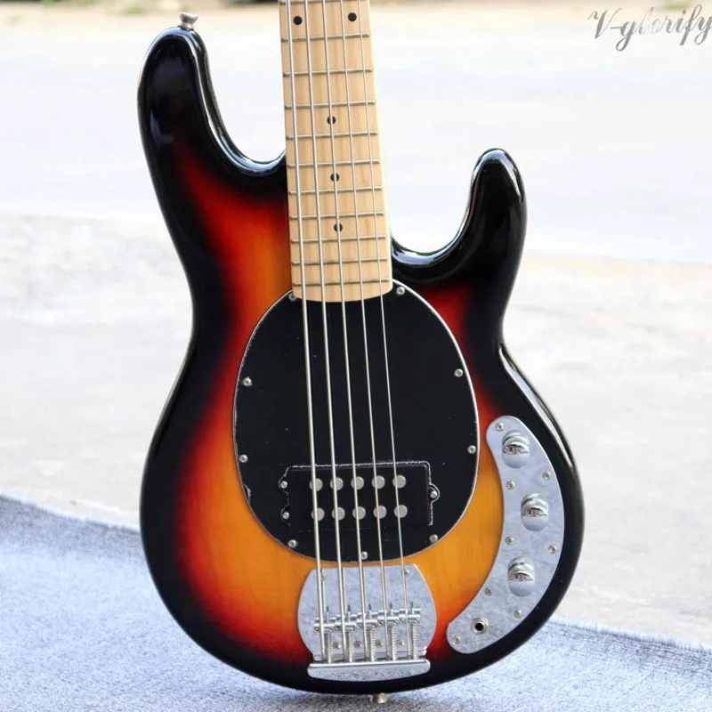 Sunburst Цвет 5 струнная электрическая бас-гитара глянцевый полный корпус из красного дерева болт на бас-гитаре ra