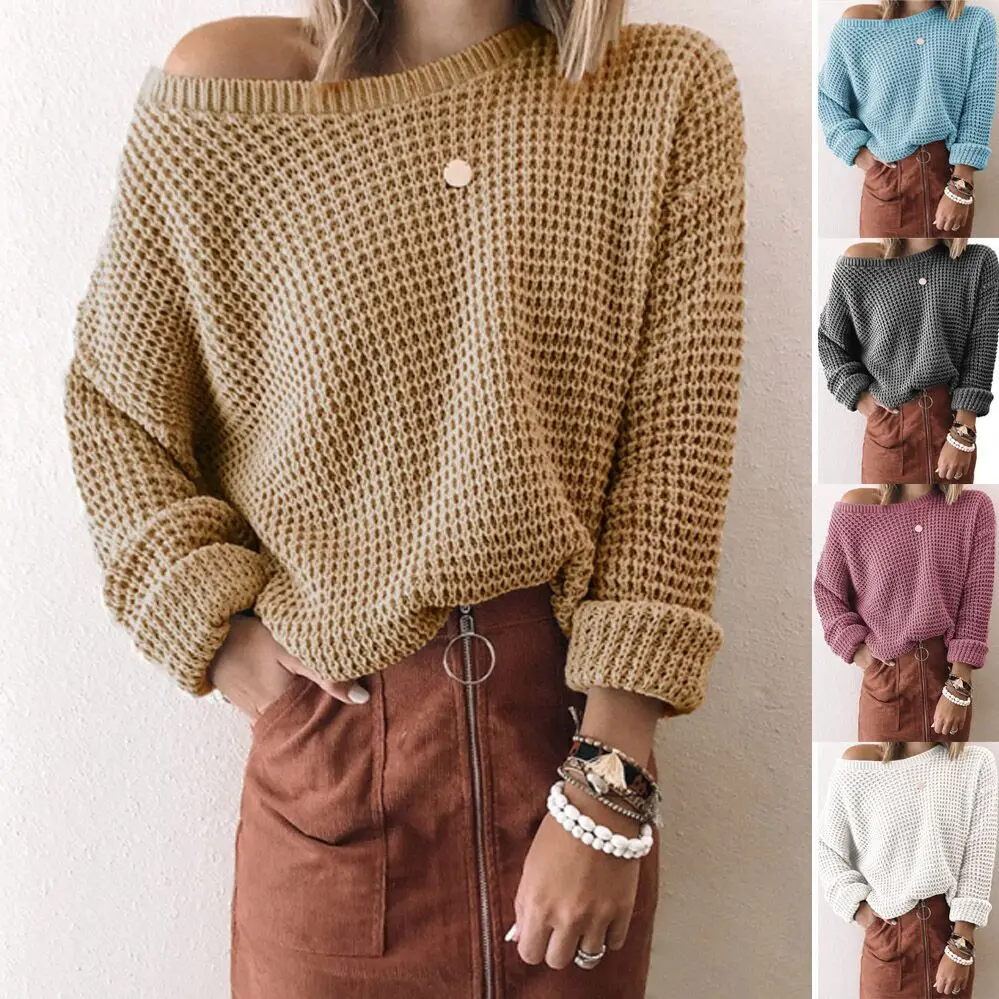 

Sweater Women Autumn/Winter 2021 Europe America New Sweater Ladies Solid Color Loose Diagonal Collar Long-Sleeve Knitted Top
