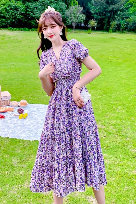 

Uulutonica Summer Women Sweet A-line Floral Short Printing Mid-calf Puff Sleeve Empire V-neck Dress