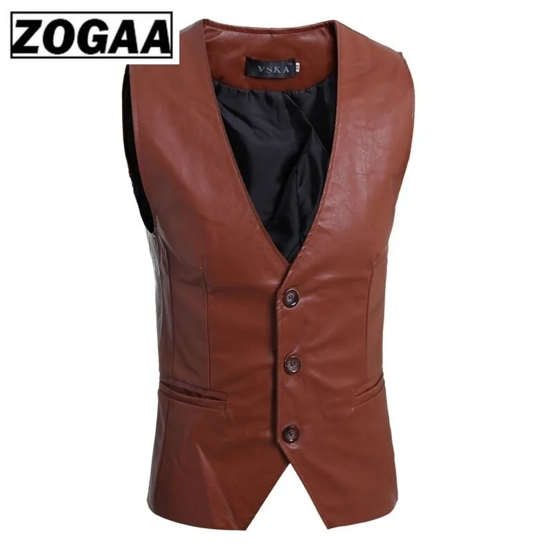 ZOGAA Men's Slim Vest Sleeveless Jacket Casual PU Leather Vests Button Open V-neck Geek Simple Joker Fit Men | Мужская одежда