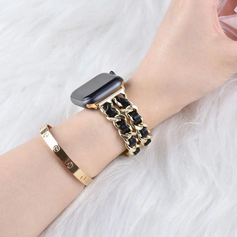 

Stainless Steel Strap For Apple Watch 42mm 38mm Metal Bracelet Leather Band for iWatch Series 4 5 6 SE 7 8 44 40 41MM 45MM 49MM