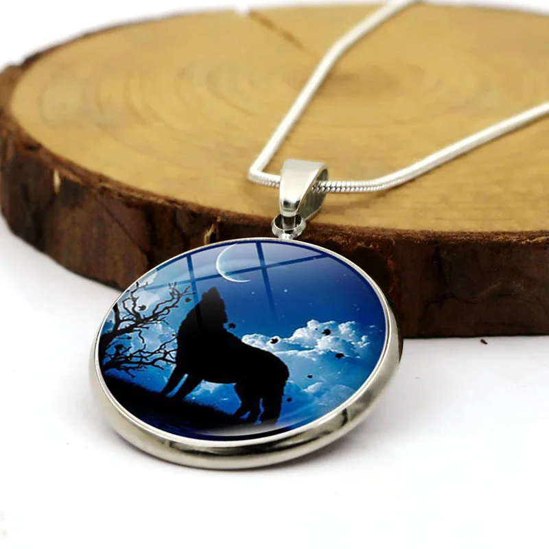Ожерелье с изображением волка и Луны стеклянный кабошон кулон из нержавеющей