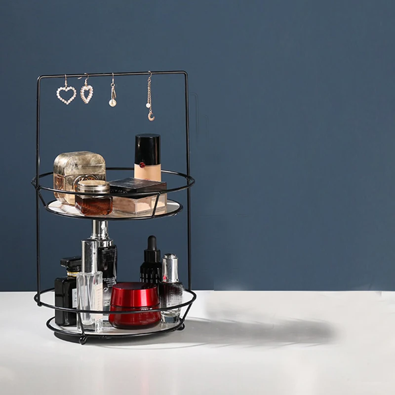 

Makeup Organizer Shelf, 2 Tier Cosmetic Storage Basket Round Wire Vanity Organizer Rack