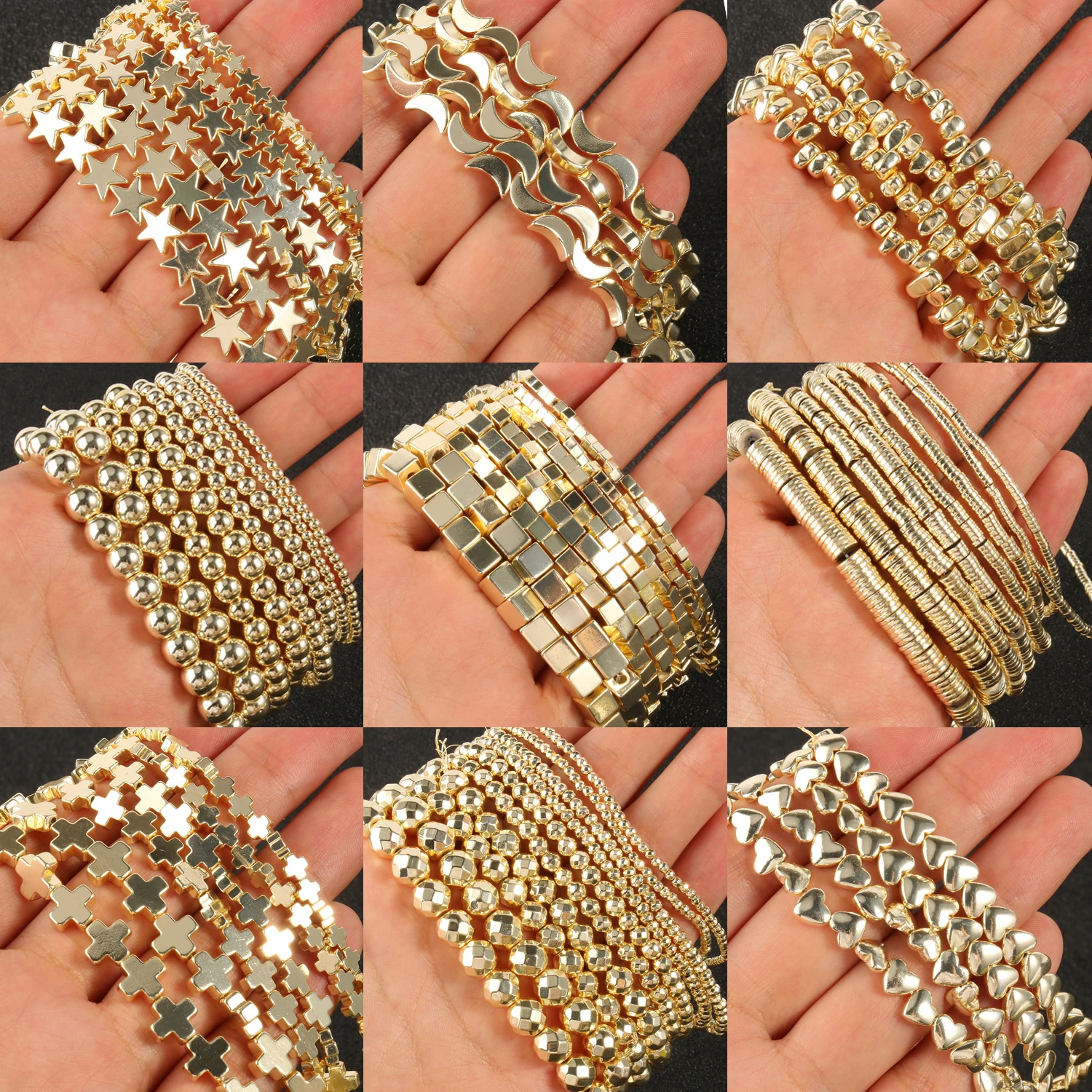 

Natural Hematite Beads 9K Gold Plated Square Cross Star Heart Loose Spacer Stone Beads for Jewelry Making DIY Bracelet 15''