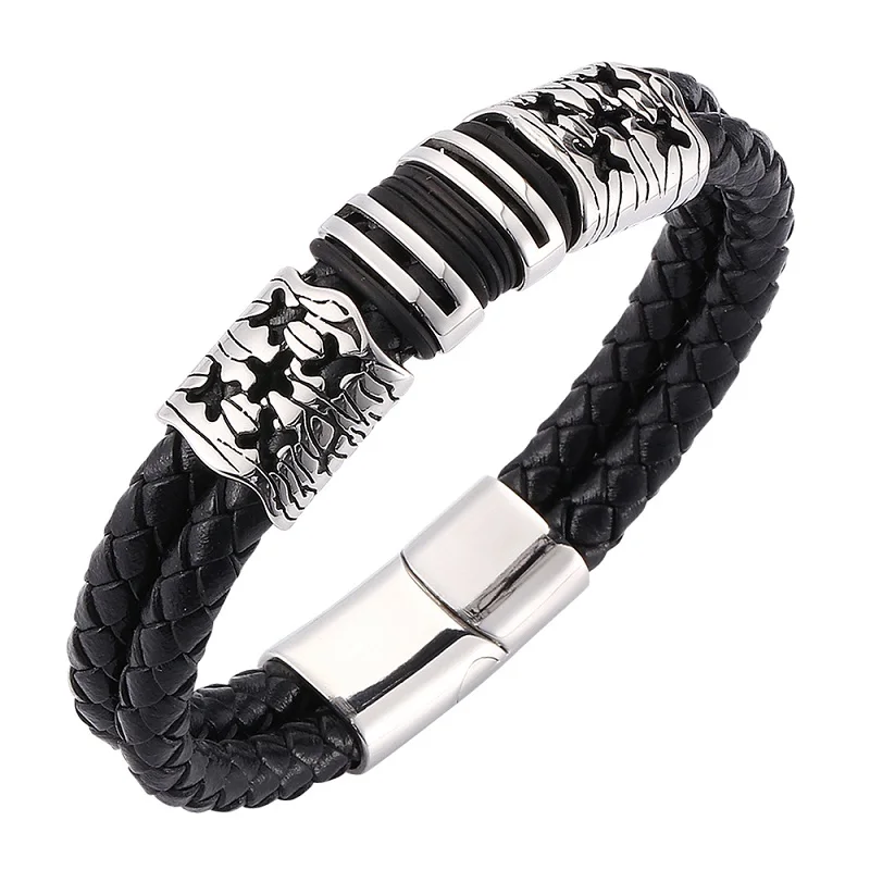 Панк нержавеющая сталь аксессуары черный плетеный кожаный браслет мужские