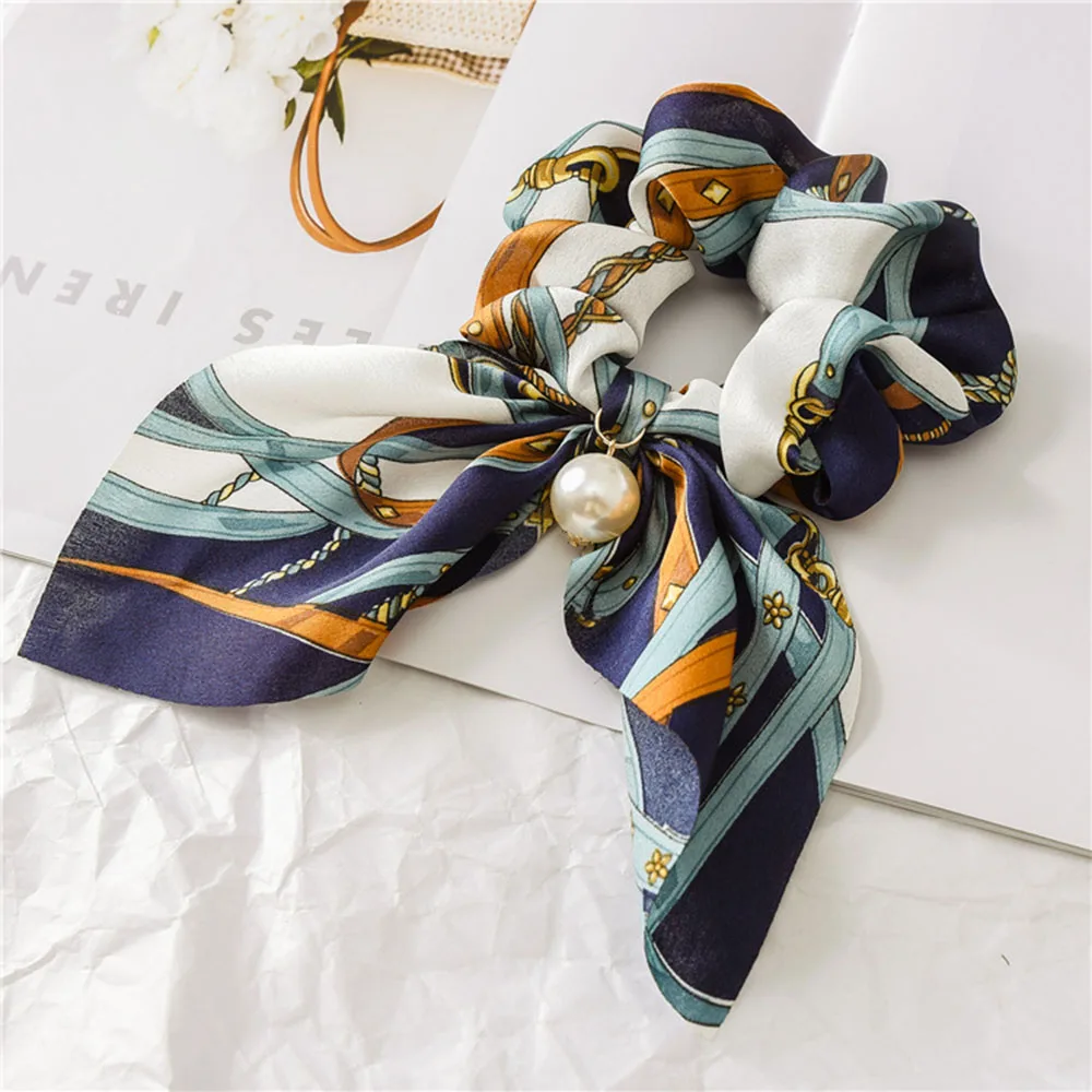 New Arrivals Chiffon Floral Printed Pearls Bowknot Silk Hair Scrunchie Women Ponytail Holder Tie Rope Accessories |