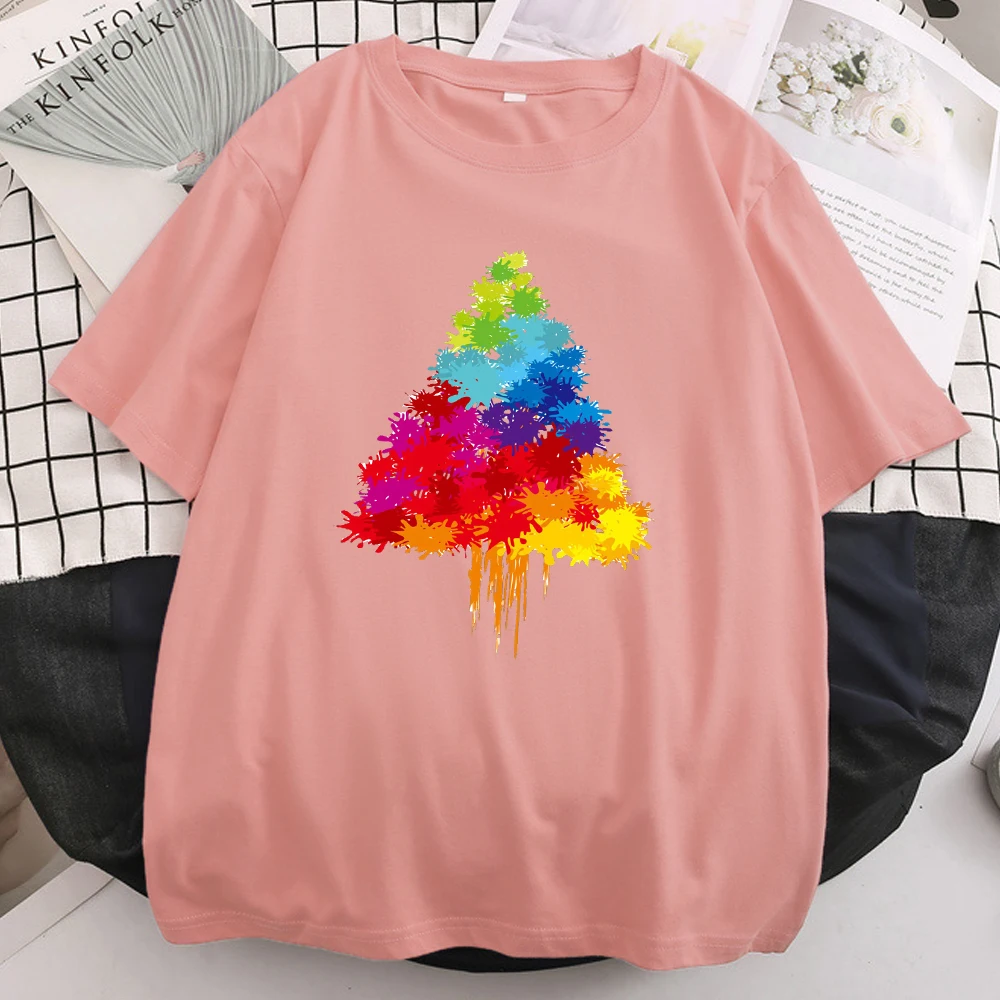 

Rainbow Colored Christmas Tree Printing T Shirts Woman Plus Hip Hop T Shirts Vogue Loose T-Shirts Casual Soft Female T Shirts