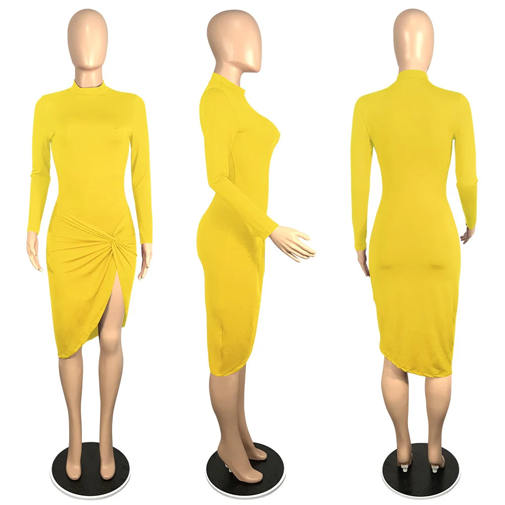 

Sexy Draped Long Sleeve Bodycon Midi Dress Women Clubwear Party Side High Split Elegant Dresses for Women Vestido De Mujer