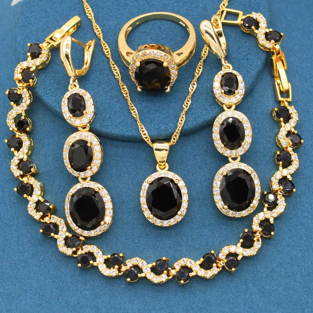 

Black Zircon Gold Color Jewelry Sets for Women Bracelet Ring Long Earrings Necklace Pendant White Green Color Available