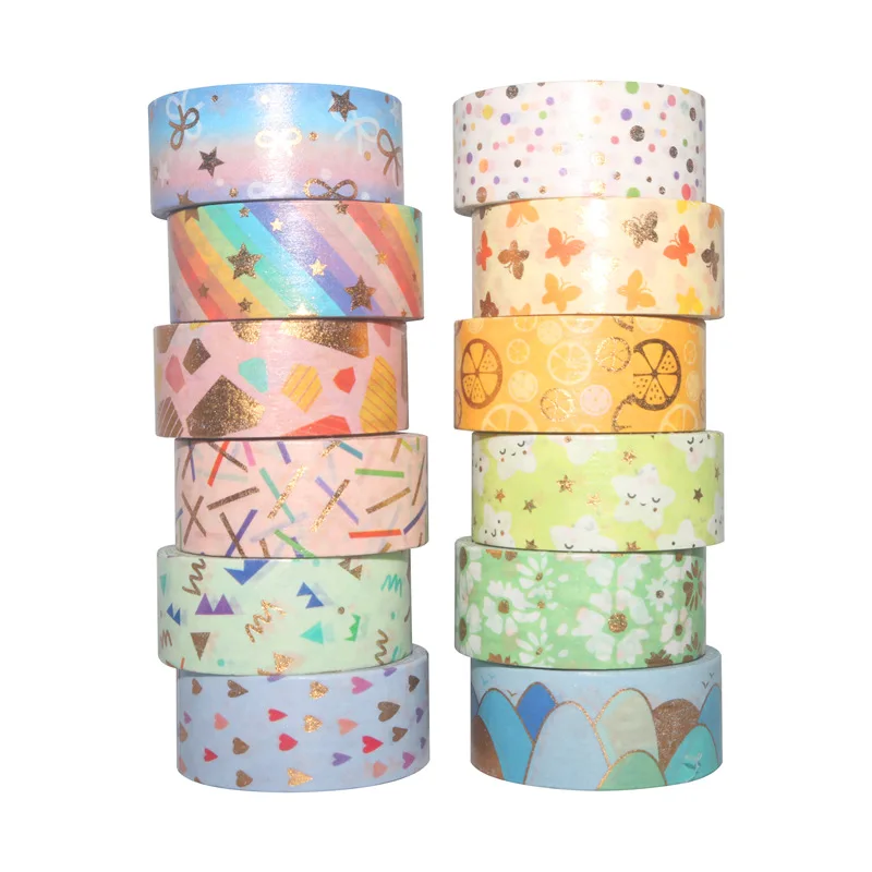 

12pcs Candy World Washi Tapes Set Rainbow Love Star Flower Color 15mm Gold Foil Adhesive Masking Tape Decoration Stickers F609