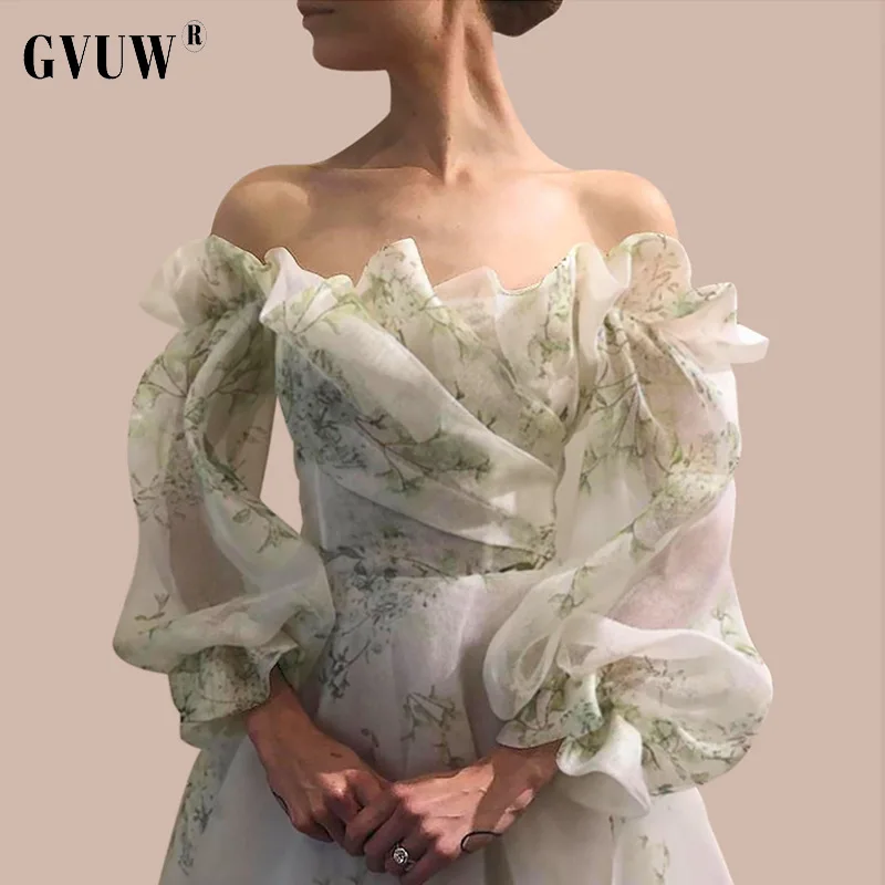 

GVUW Women Ruffles Midi-long Dress Slash Neck Long Lantern Sleeves Fit Female Fashion Spring Summer 2021 New Arrivals 20D1664