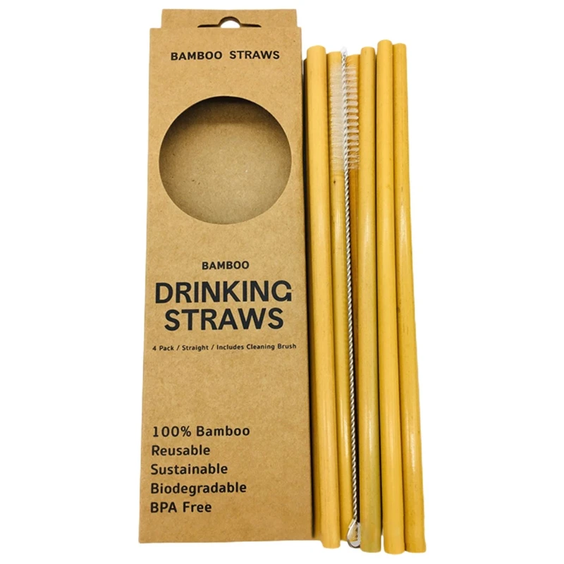 

E8BD 12Pcs Natural Eco-Friendly Sustainable Reusable Bamboo Straws with Cleaning Brush Biodegradable Drinking Straw for Party
