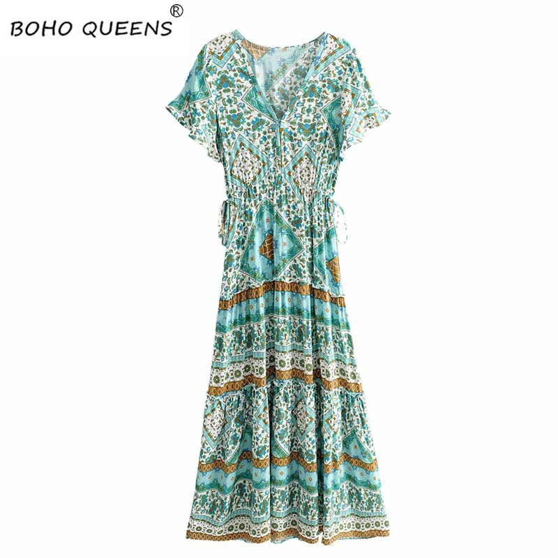 Boho шикарное женское платье с цветочным принтом, с расклешенными рукавами, богемное хлопковое платье макси из вискозы, женское винтажное платье с v-образным вырезом на шнуровке и оборками