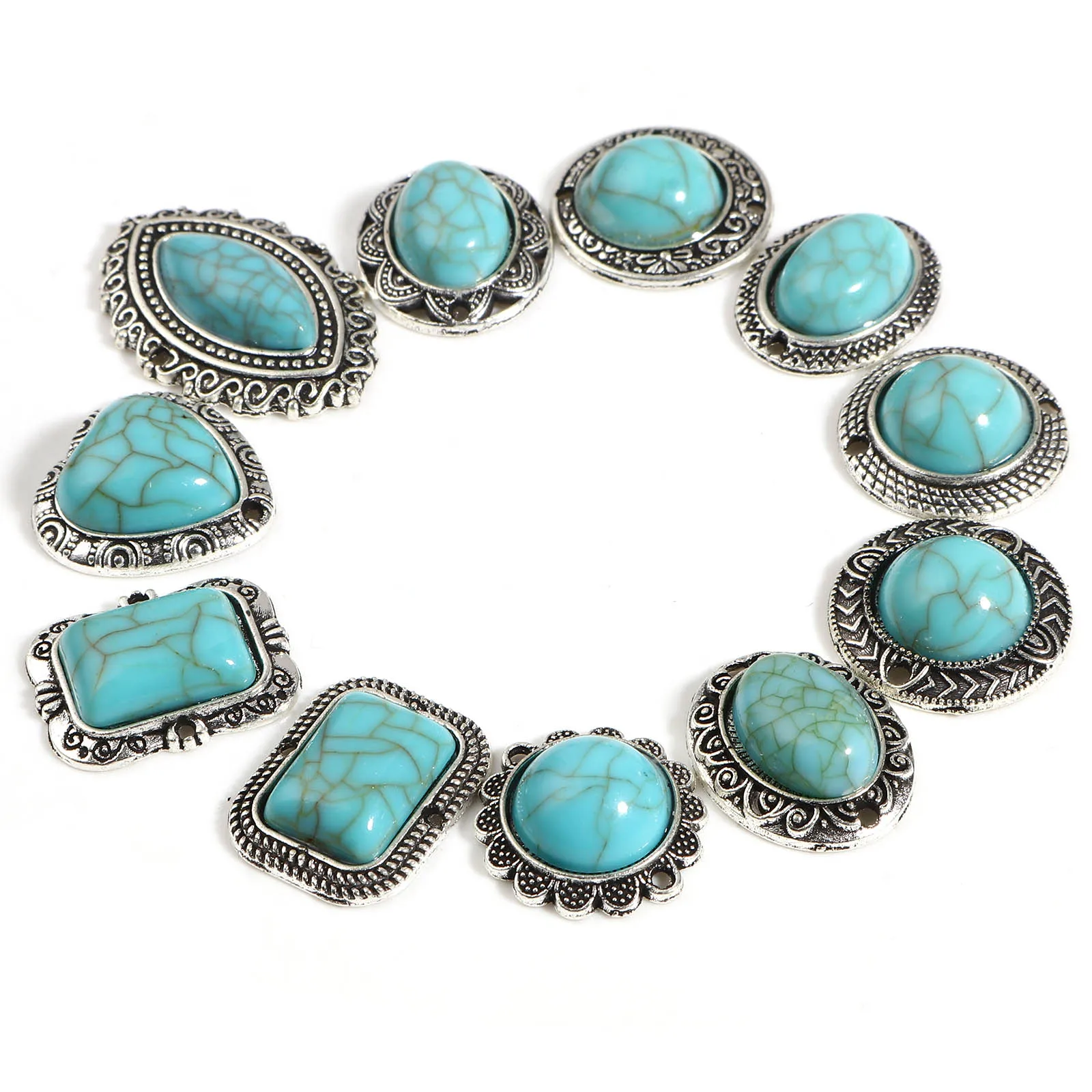 

10 PCs Acrylic Boho Chic Bohemia Connectors Antique Silver Color Green Blue Imitation Turquoise Connectors For DIY Jewelry
