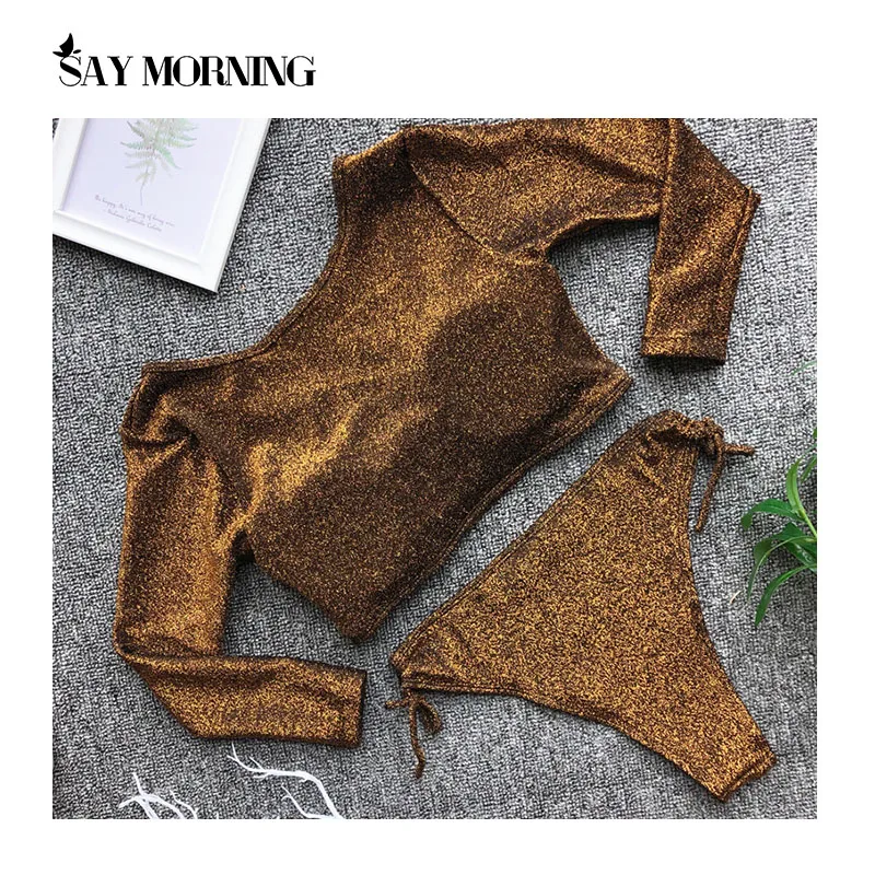 SAY MORNING сексуальный купальник с длинными рукавами блестящее бикини комплект из