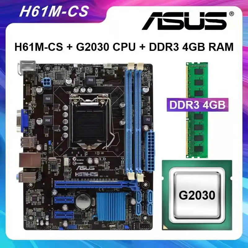 

ASUS H61M-CS 1155 Motherboard DDR3 Motherboard Set G2030 CPU+DDR3 4G RAM Intel H61 PCI-E x16 UEFI BIOS USB2.0 SATA 3Gb/s