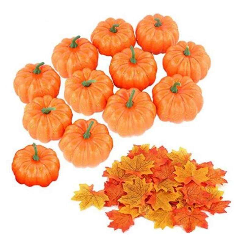 

12 Pack Artificial Mini Fake Pumpkins with 30Pcs Maple Leaves Small Cute Realistic Pumpkin Fall Harvest Thanksgiving